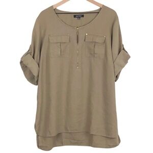 ELLEN TRACY 100% Linen Half Zip Tunic Top Blouse Plus Sz 1X Tan Roll Tab Sleeve